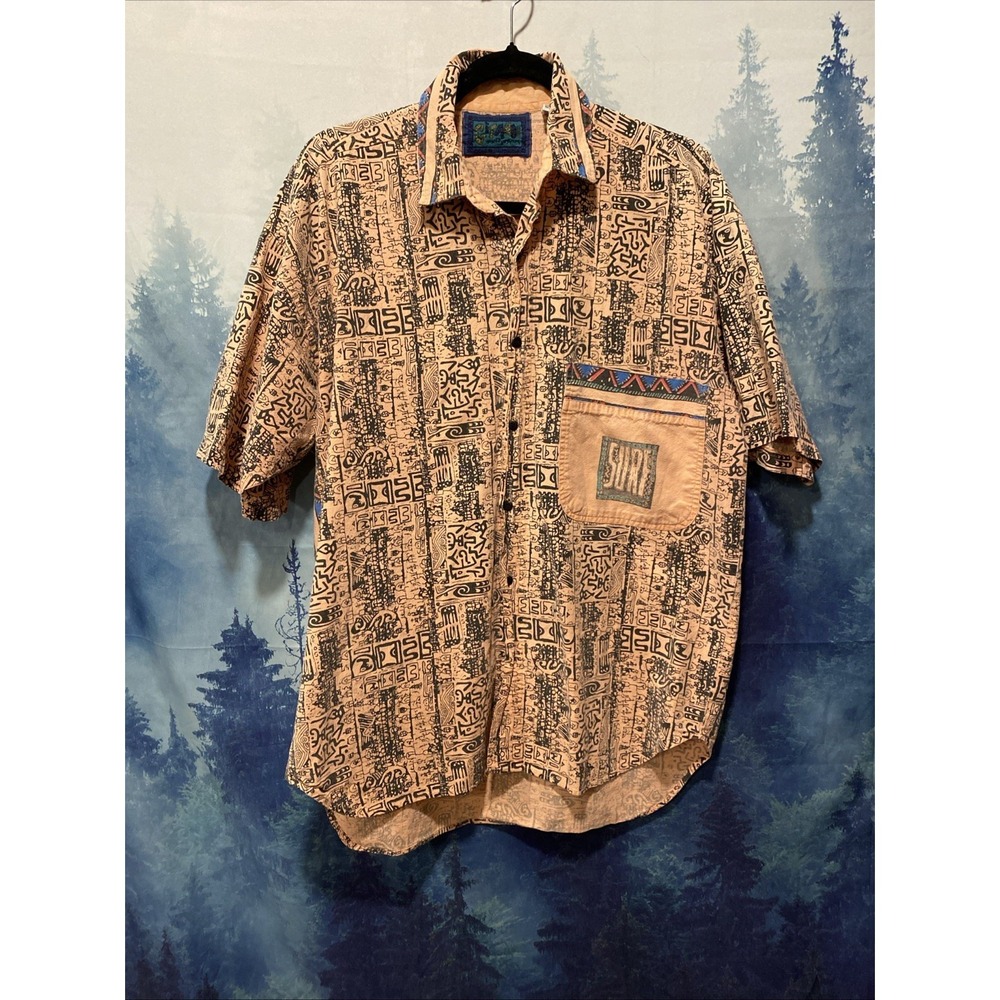 VTG 90's Gitano Button Shirt Men Abstract Tribal Surf Skate Wave Rhythm Cotton M